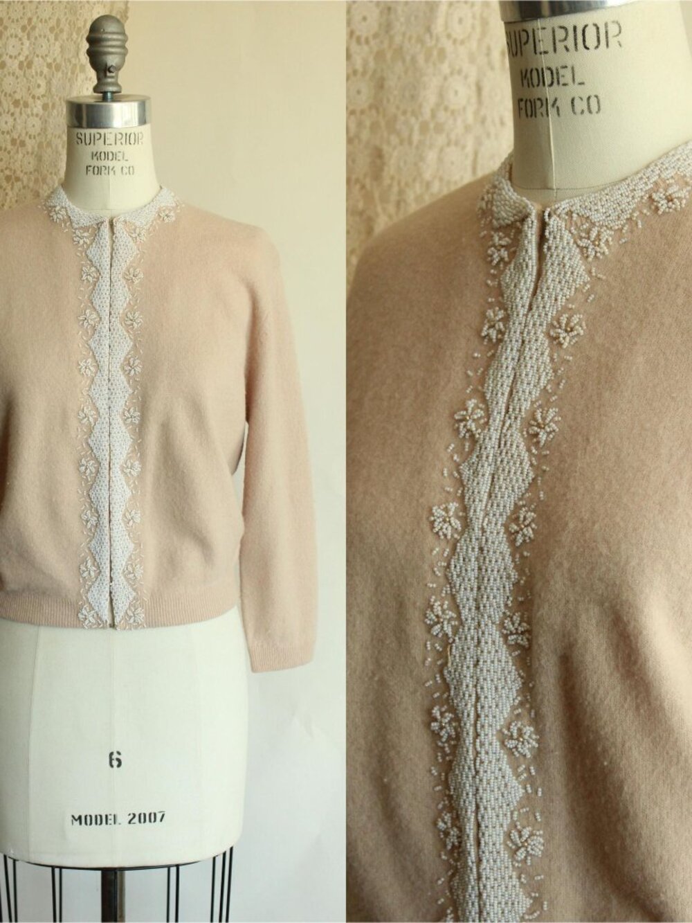 Vintage 1950s Beaded Cardigan, Bima Knits Beige Wool Angora Sweater, Hong Kong